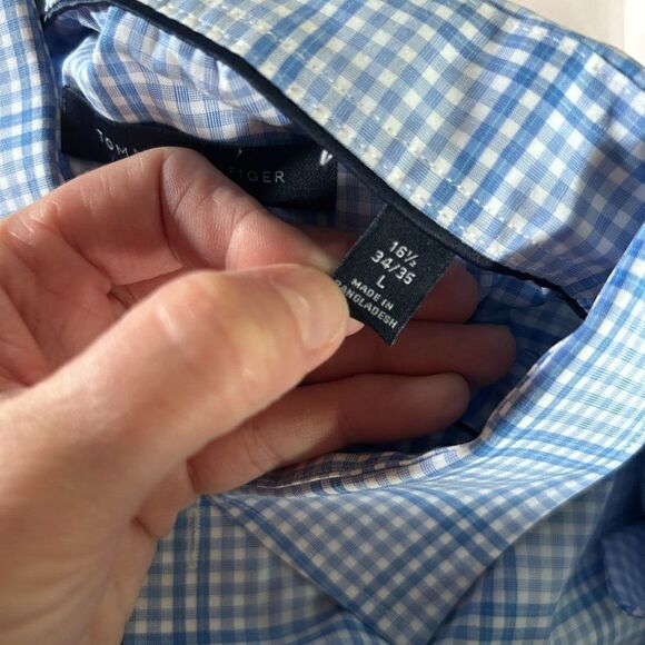 Tommy Hilfiger Large (16 1/2 / 34/35) Blue White Checked Long Sleeve Button Fron - Picture 4 of 9